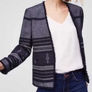 LOFT navy blue open front knit southwestern blazer with fringe size medium